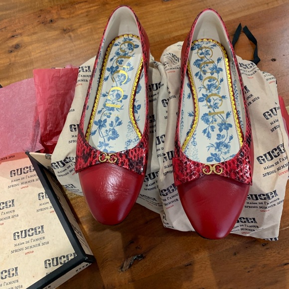 GUCCI Genuine Snakeskin Trim Ballet Flat 38.5 8.5 red - Picture 16 of 16